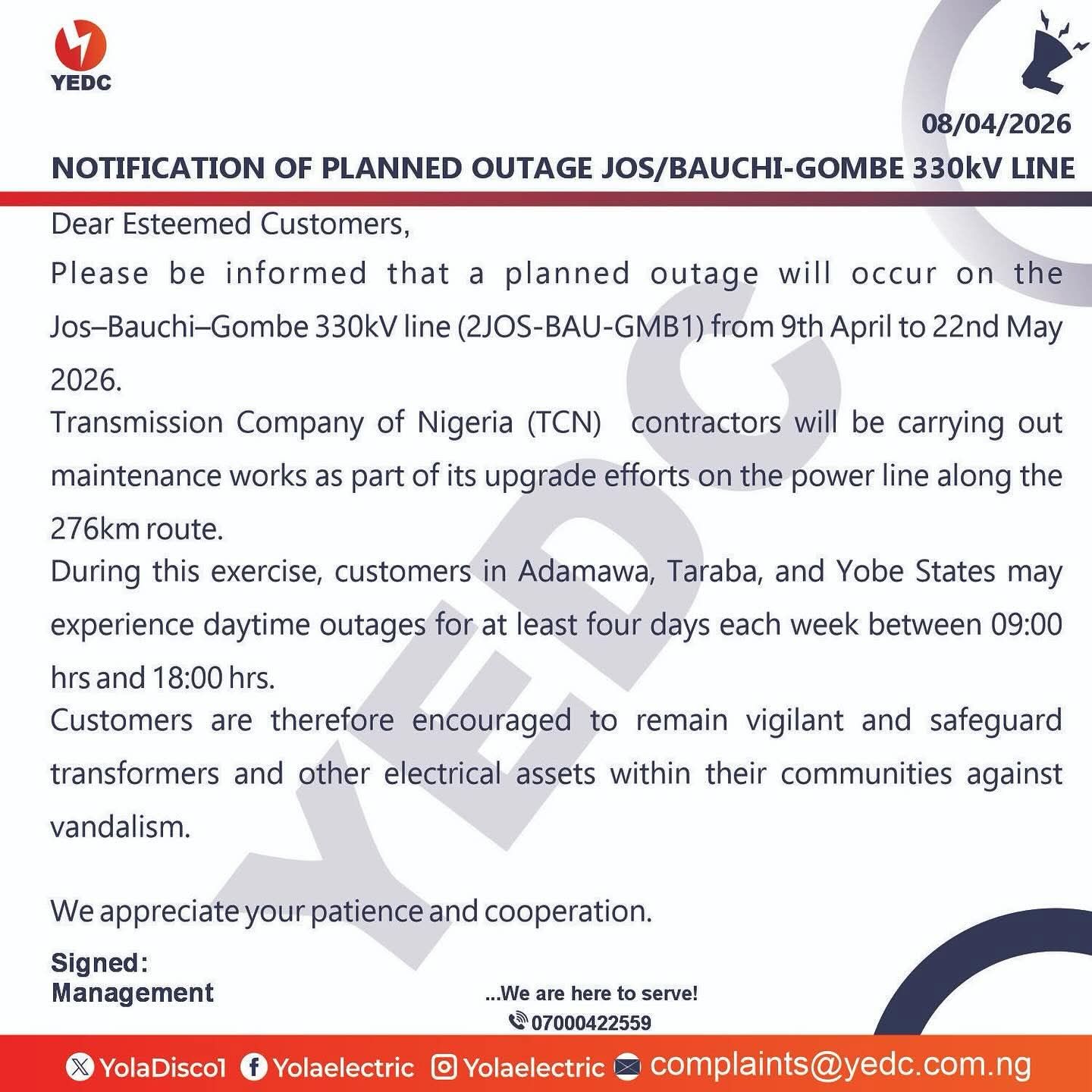 YEDC announces power outage across N/east