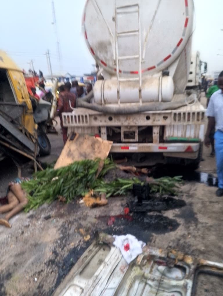BREAKING: Over 8 dead in tanker - bus crash in Abule Egba