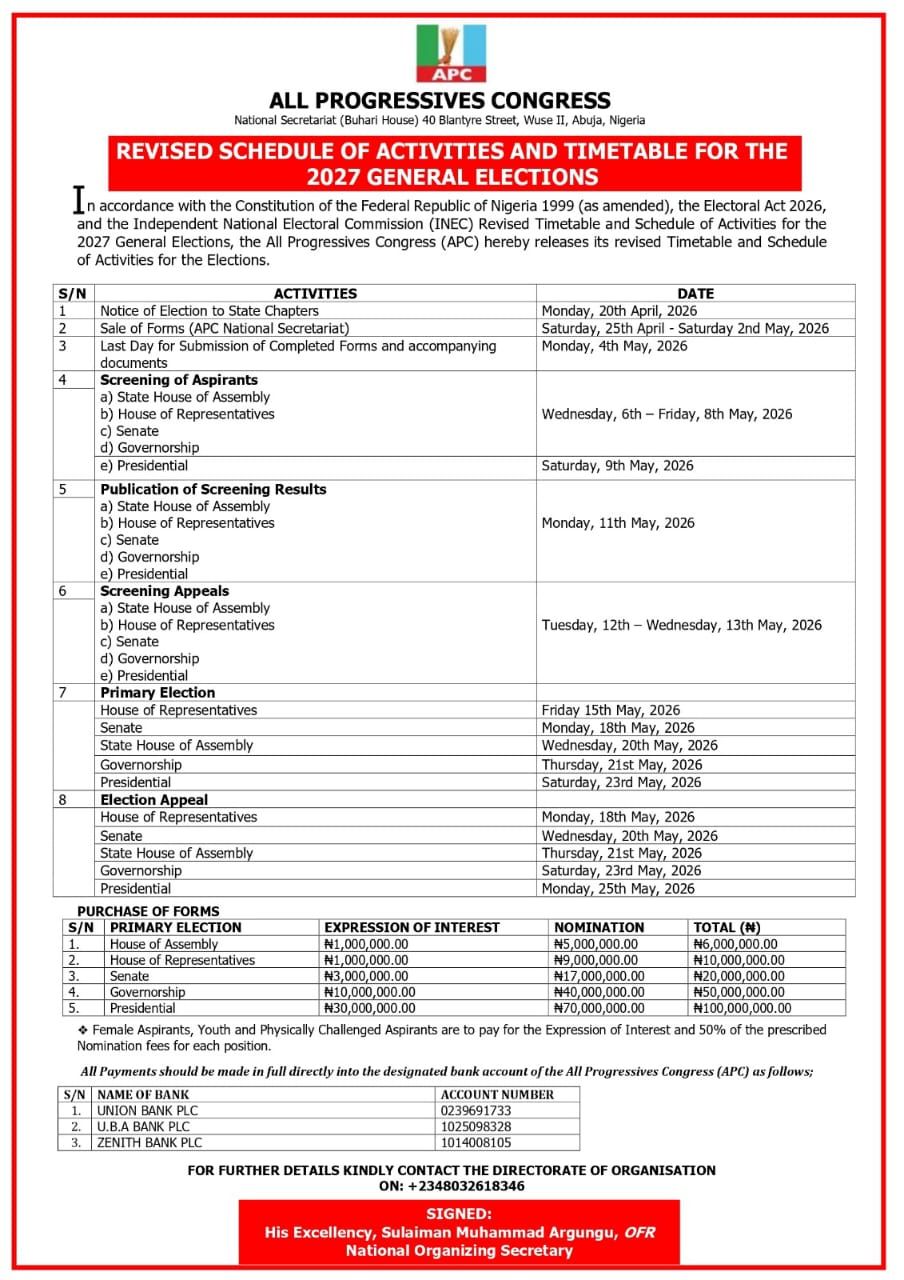 APC releases revised timetable for 2027 elections