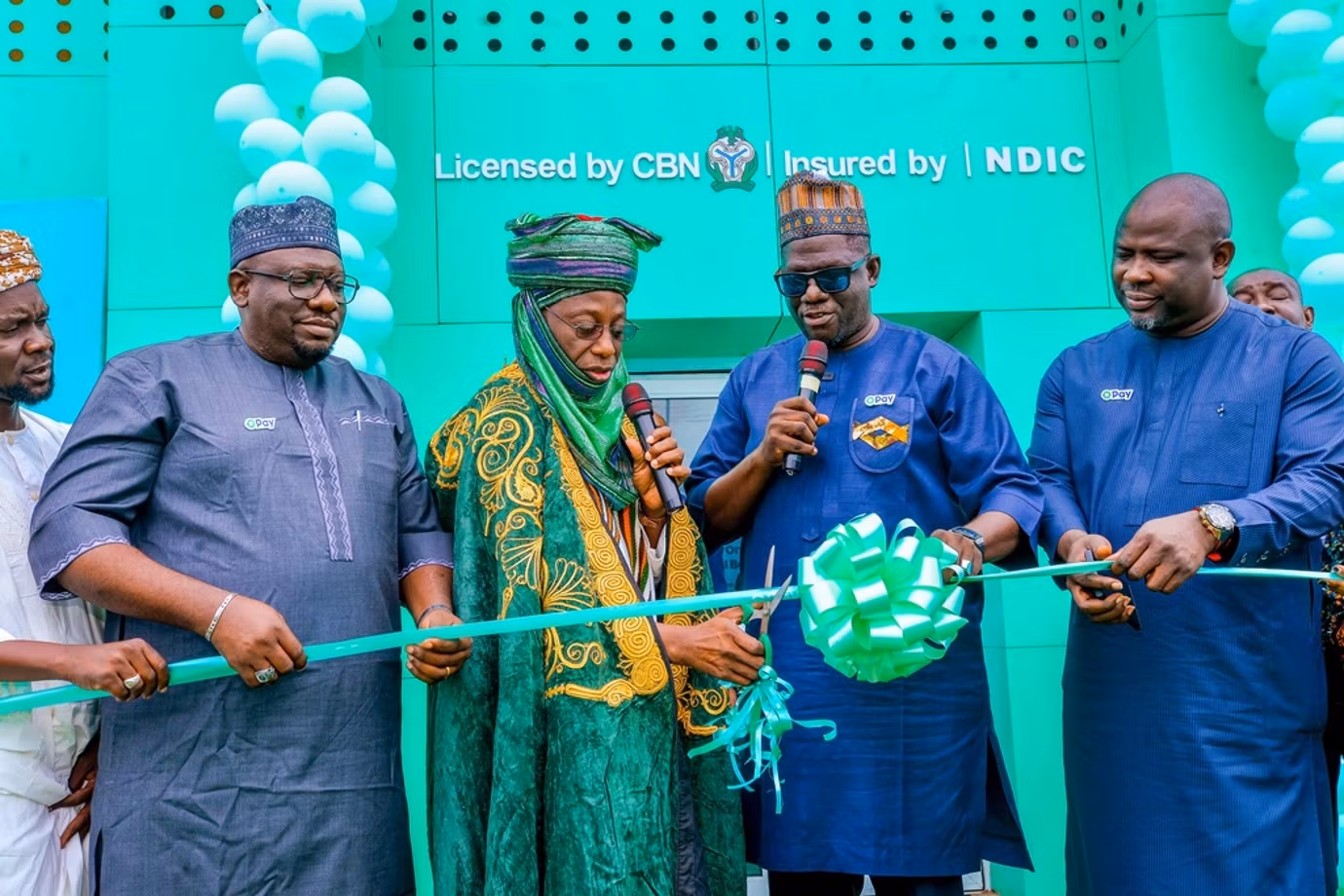 L-R: Wakil, Doka Kaduna, Idris Tahir; Head of Partnerships, OPay, Odiase Ikponmwosa Kolawole; HRH District Head of Doka Kaduna, Alhaji Bala Mohammed Tijjani (Bunun Zazzua); Chief Operating and Technology Officer, OPay, Dotun Adekunle; and Director, Key Account and Merchant Acquiring Business, OPay, Saidi Sanni during the ribbon-cutting ceremony at the official launch of the OPay Office in Kaduna State recently