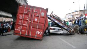 Driver escaped death as Container collapses on car in Lagos