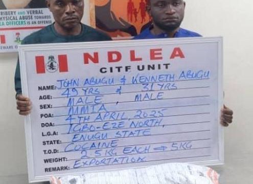 NDLEA nabs India-bound brothers at Lagos airport with 5kg cocaine