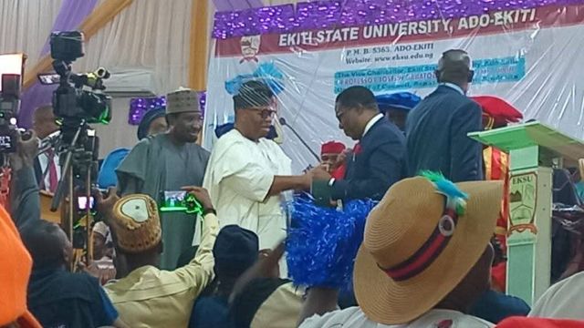 Akpabio donates N100m to EKSU as Senate leader Opeyemi Bamidele bags honorary doctorate degree