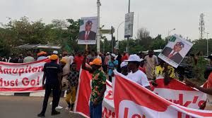 ADC leaders protest at INEC HQ, demand Amupitan’s resignation