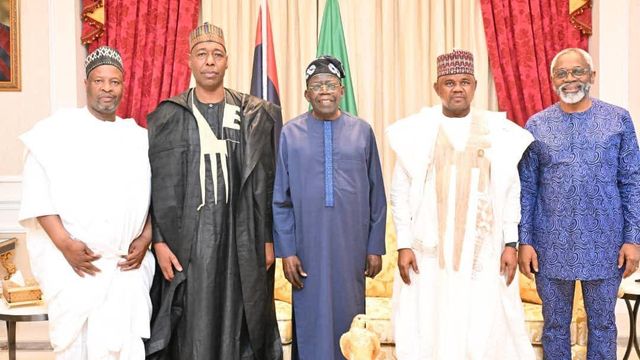 Zulum presents Borno APC gubernatorial candidate Gubio to Tinubu