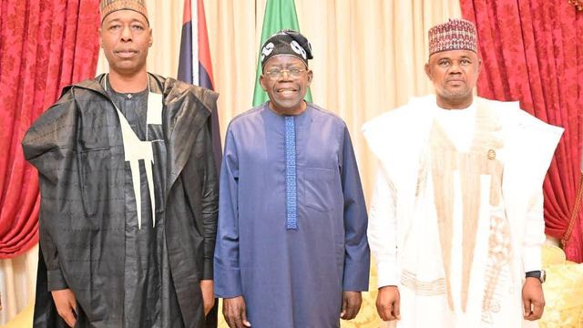 Zulum presents Borno APC gubernatorial candidate Gubio to Tinubu