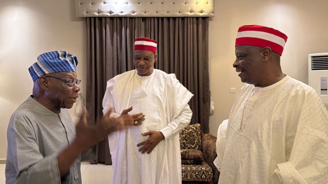 Kwankwaso visits Obasanjo in Kano, attends Emir’s palace turbaning ceremony