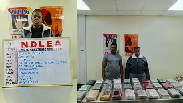 NDLEA intercepts South African woman with 36.7kg of cocaine in Lagos