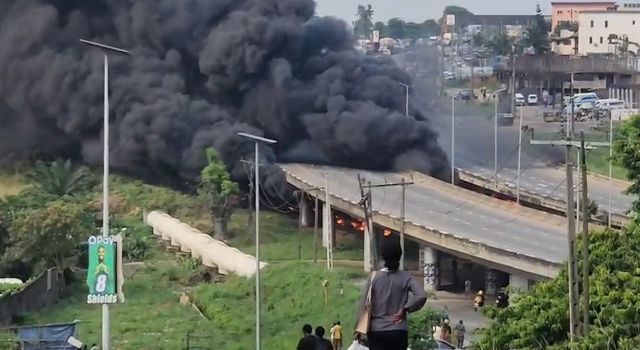 Two injured as diesel tanker falls off Otedola Bridge, catches fire